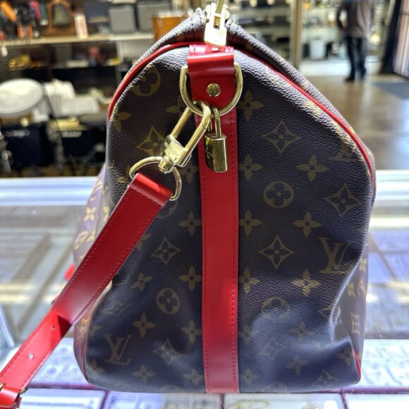 Genuine Louis Vuitton Carry On Bag Red Monogram Canvas Keepall Bandouliere 50 - Picture 4 of 9